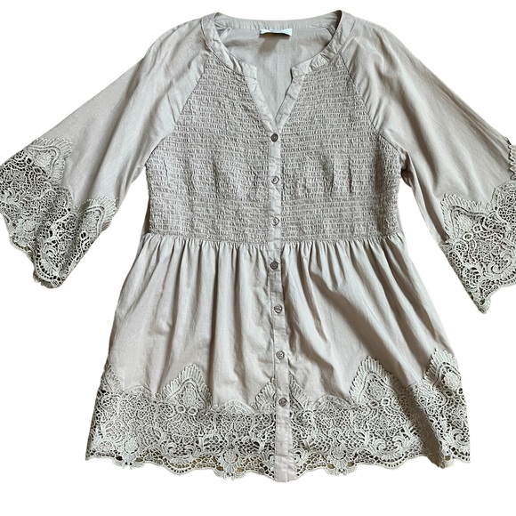 Alyssa W Collection Cotton Boho Button Up Smocked Tunic Lace Details Tan - Picture 8 of 12
